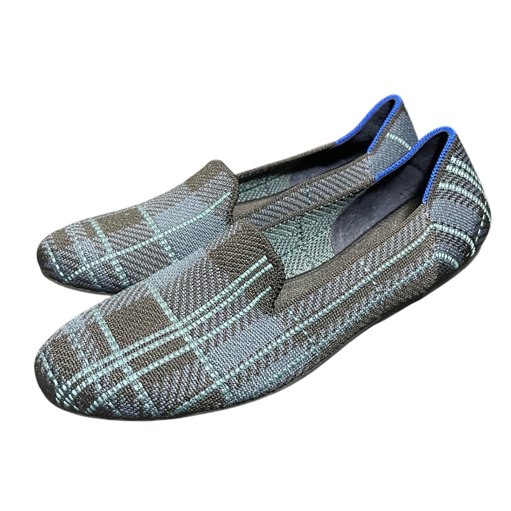 Rothys The Loafer Womens 8.5 Blue‎ Teal Plaid Knit Sustainable Flats Washable